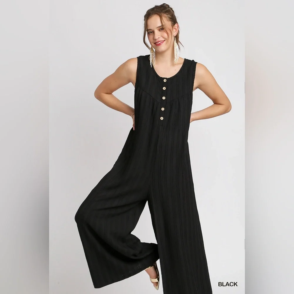 Umgee Black Sleeveless Wide-Leg Jumpsuit with Gold Buttons - Picture 3 of 12
